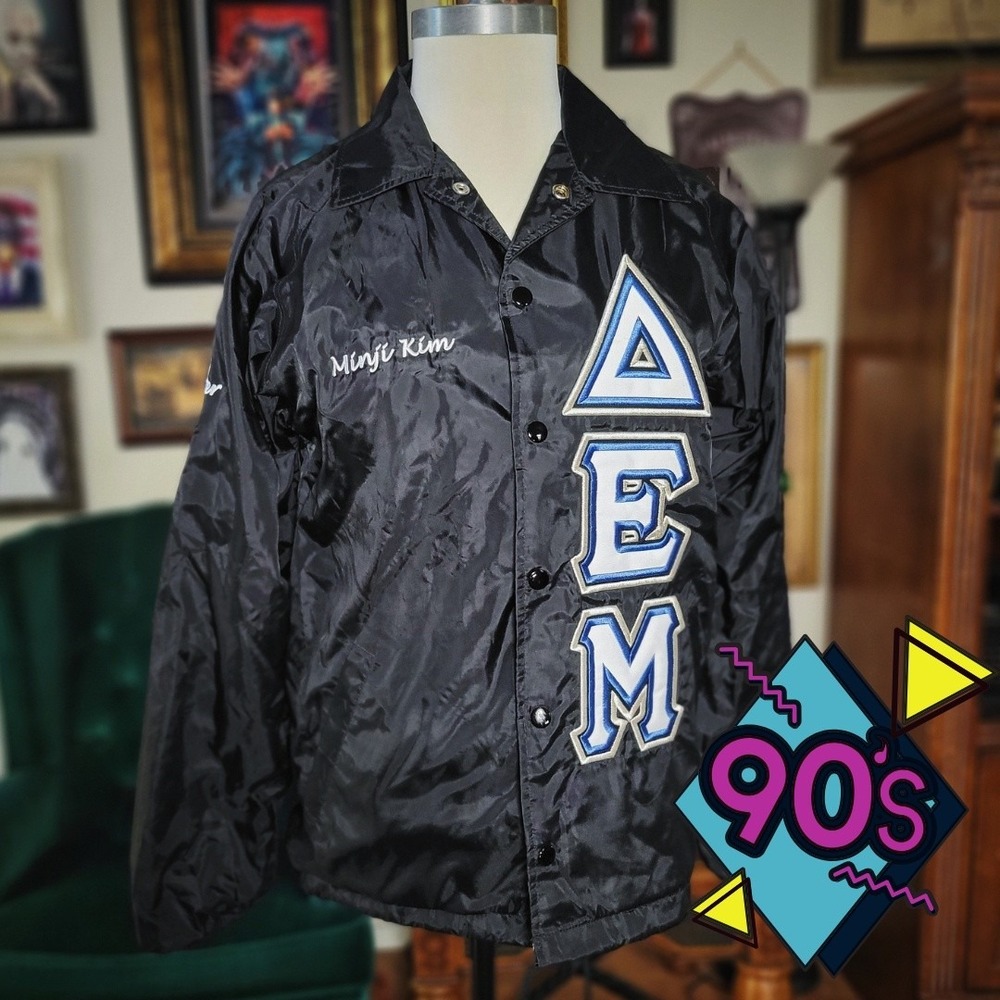 Vintage 90s Cardinal Delta Epsilon Mu Sorority Coach Jacket Black Snap S